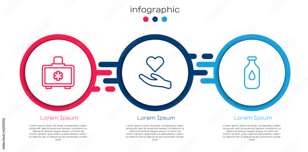 Set line First aid kit, Heart in hand and Bottle of water. Business infographic template. Vector Set line First aid kit, Heart in hand and Bottle of water. Business infographic template. Vector