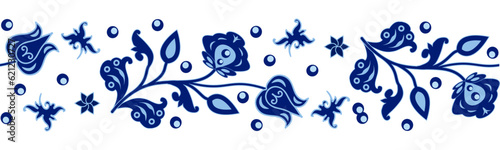 Blue on white floral border in traditional style, decorative element, seamless pattern, vintage design background. Vector illustration