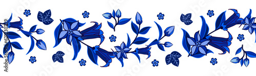 Blue on white floral border in traditional style, decorative element, seamless pattern, vintage design background. Vector illustration