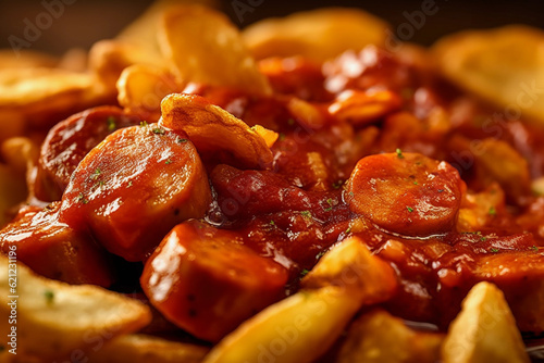 Currywurst with fries close up
