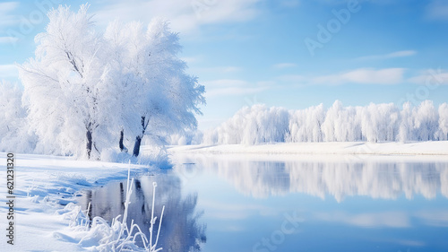 Snow-Covered Landscape with Icy Reflections. Generative Ai