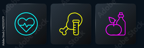 Set line Heart rate, Apple cider vinegar in bottle and Genetically modified chicken. Black square button. Vector