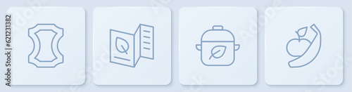Set line Leather, Vegan food diet, Vegetarian menu and Apple and banana. White square button. Vector