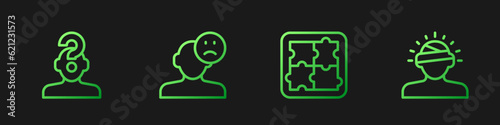 Set line Solution problem in psychology, Human with question mark, Sad and depressed man, bad mood and Concussion, headache. Gradient color icons. Vector