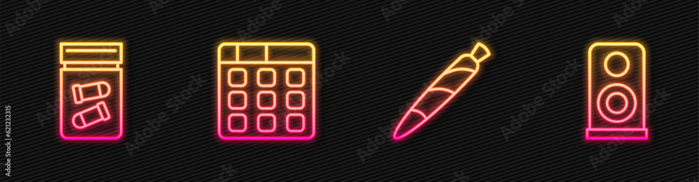 Set line Marijuana joint, spliff, Evidence bag with bullet, Drum machine music and Stereo speaker. Glowing neon icon. Vector