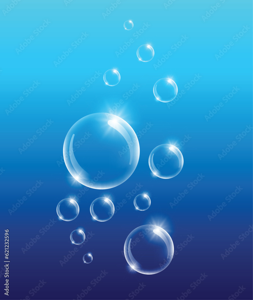Realistic white water bubbles with reflection on blue background. Vector illustration