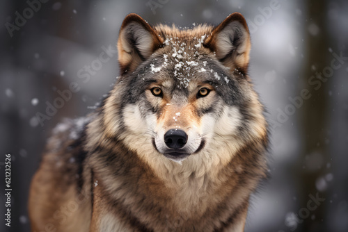 a grey wolf stands in the snow 
