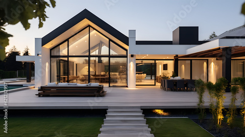 View of luxurious modern house exterior with dining space and garden