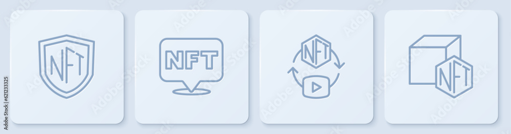 Set line NFT shield, Digital crypto art, and . White square button. Vector - obrazy, fototapety, plakaty 