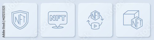 Set line NFT shield, Digital crypto art, and . White square button. Vector