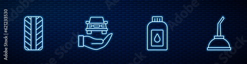 Set line Canister for motor machine oil, Car tire wheel, Auto service check automotive and . Glowing neon icon on brick wall. Vector