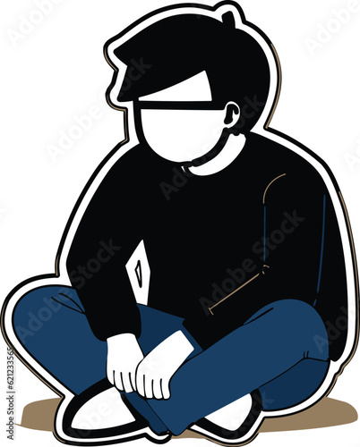 Flat vector illustration of a young man sitting on the floor in crossed legs pose with hands in the front, censored eyes