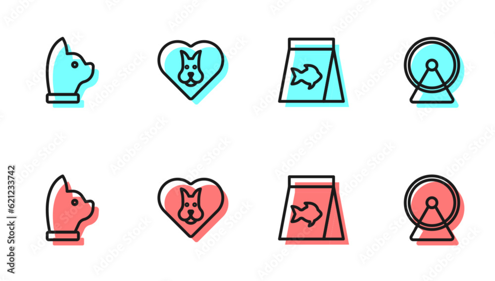 Set line Food for fish, Cat, Heart with dog and Hamster wheel icon. Vector Set line Food for fish, Cat, Heart with dog and Hamster wheel icon. Vector