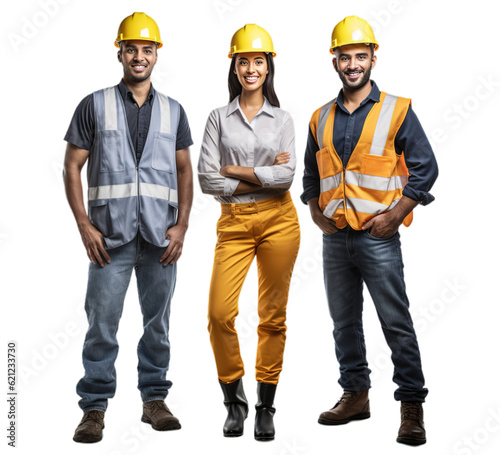 Canvas Print Multi Ethnic Group of young construction workers team of construction workers happy smile standing success together idea concept, isolated on transparent background