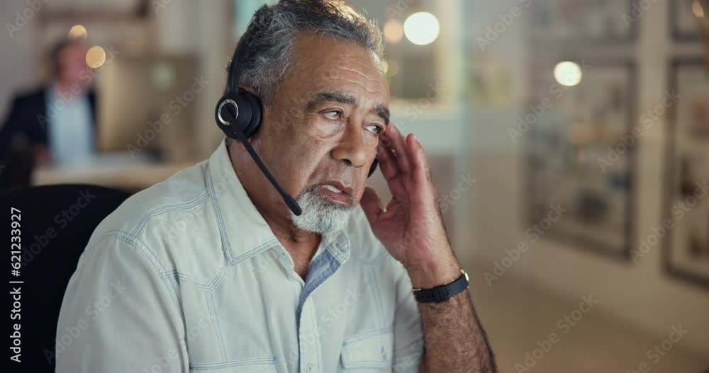 Stress, call center and frustrated senior man at computer in customer service agency with glitch, pain or error. Headache, business consultant and problem of client challenge, fatigue and tech crisis