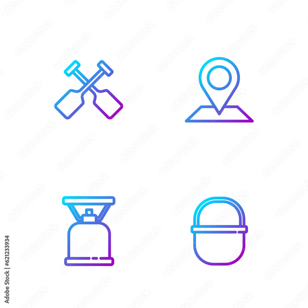 Set line Camping pot, gas stove, Paddle and Location. Gradient color icons. Vector Set line Camping pot, gas stove, Paddle and Location. Gradient color icons. Vector