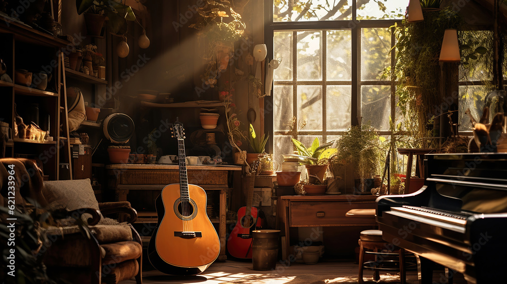 Naklejka premium Musician's Hideaway. Creating Melodies in a Personal Sanctuary. Generative Ai