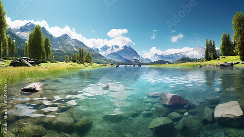 Crystal Clear Lake Nestled in Alpine Surroundings. Generative Ai