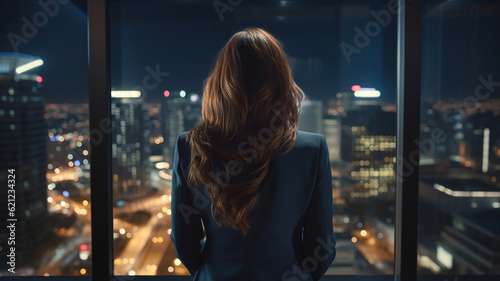 Confident Businesswoman Leading the Way. Driving Success from the Top Floor Office with Night City View. Generative Ai