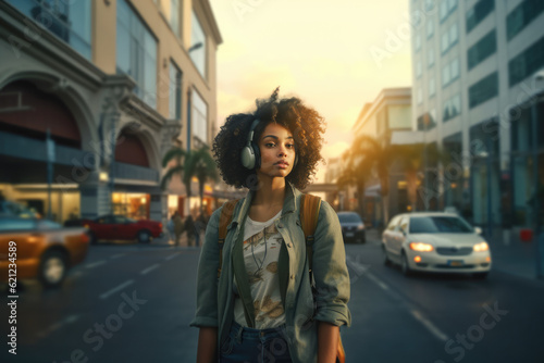 Close up of an African American woman with a city scene background. Generative AI