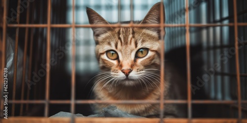  Generative AI. Stray animals concept. Homeless animals in the shelter. Stray sad cat in the cage in the shelter. 