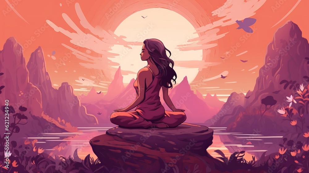 Spiritual therapy for body and mind with harmony yoga vector illustration. Wellness and health in nature Generative AI