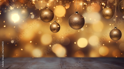 Generative AI Minimalistic Christmas and New Year banner with Christmas decorations and copy space. A greeting card with golden balls and a bokeh from a garland on yellow.