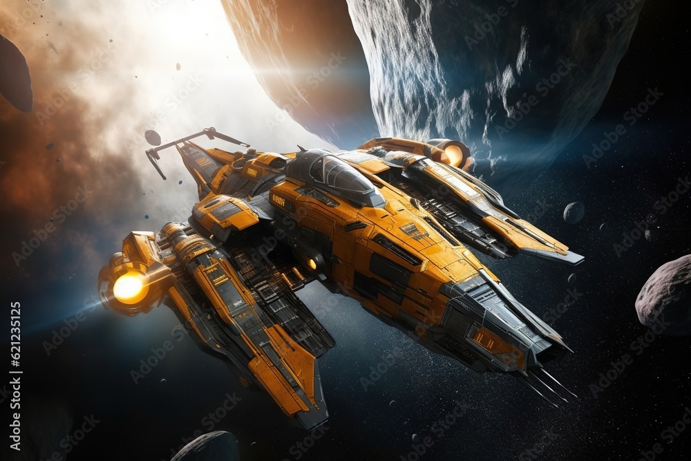 View of a futuristic fighter jet in a space,spaceship in space. Created with Generative Ai technology.