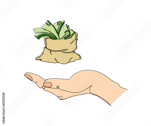 Bag of money on hand, winnings, gift, cash, banknotes, dollars, hryvnia, euro color, colored one line art. Continuous line drawing of bank, money, finance, financial, economic, wealth, credit