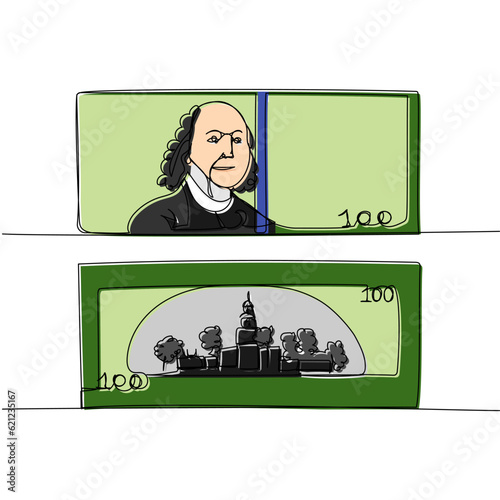 New 100 dollar bill on both sides color, colored one line art. Continuous line drawing of bank, money, finance, financial, payment, data, savings, economic, wealth, credit