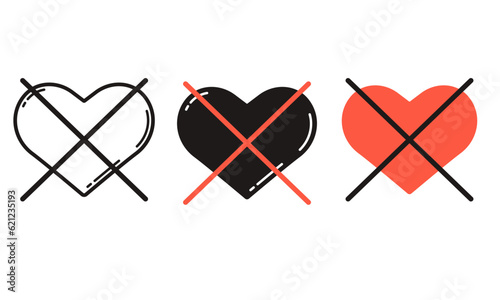 The symbol of the heart is crossed with two lines. Set. Silhouette line. 