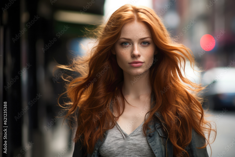 Close up of a redhead young woman with a city scene background. Generative AI Close up of a redhead young woman with a city scene background. Generative AI