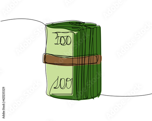 Money twisted into a roll, bribe, redemption, cash, banknotes, dollars, hryvnia, euro color, colored one line art. Continuous line drawing of bank, payment, data, savings, economic, wealth, credit