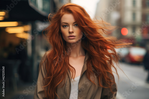 Close up of a redhead young woman with a city scene background. Generative AI