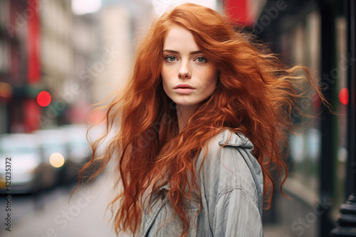 Close up of a redhead young woman with a city scene background. Generative AI © JuanM