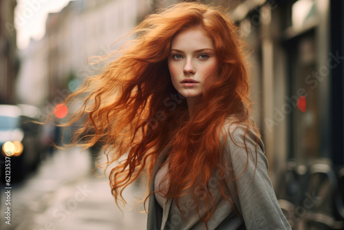 Close up of a redhead young woman with a city scene background. Generative AI © JuanM