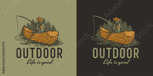 Outdoor wild camping and fishing print. Fisherman on boat. Mountains adventure. Wanderlust summer forest explore