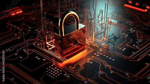 Cybersecurity 3d Render with a Glowing Lock. Generative AI.