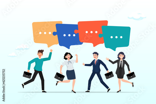 Business people talk with speech bubble jigsaw connect, conversation or communication for success, meeting discussion to get answer or solution, working together, partnership or collaboration (Vector)
