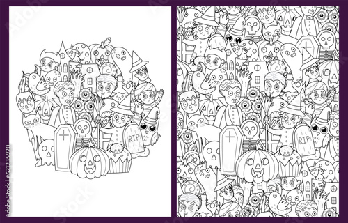 Doodle Halloween characters coloring pages set in US Letter format. Spooky background collection in black and white background. Vector illustration