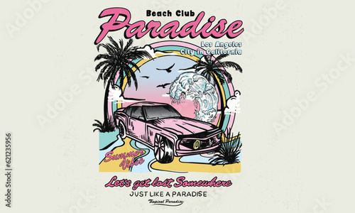 Beach club paradise. Summer beach vibes vector artwork. Holliday road trip by vehicle. California surfing club vector artwork for apparel, stickers, background and other.