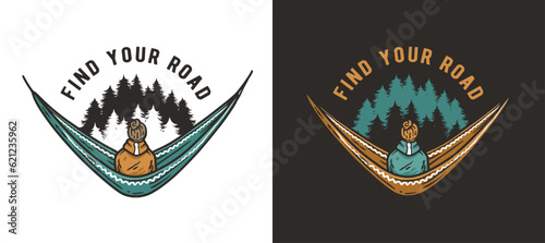 Man sits on a camping hammock in the forest. Adventure trip outdoor element