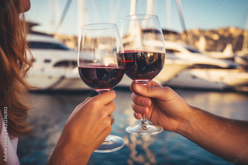 Young couple toasting with a glasses of red wine on a luxury yacht close up