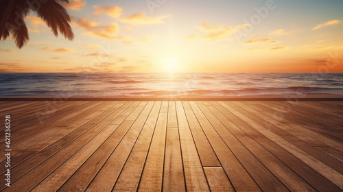 sea beach with wooden floor foreground on tropical sandy beach horizon. Generative AI © Артур Комис