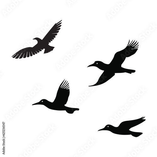 The flock of birds flying on a white background Silhouette illustration.