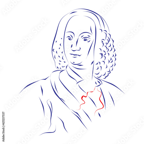 Continuous line drawing, portrait of composer Antonio Vivaldi. Hand drawn, vector illustration