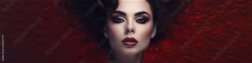 Beautiful brunette woman c with perfect hair style and make up on red background for banner. Ai generative