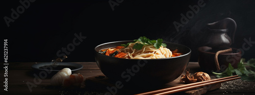 noodles on a black background. Generative AI photo