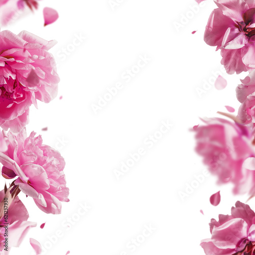 Lovely flying pink peonies overlay frame with falling petals, isolated on transparent background