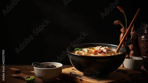 noodles on a black background. Generative AI